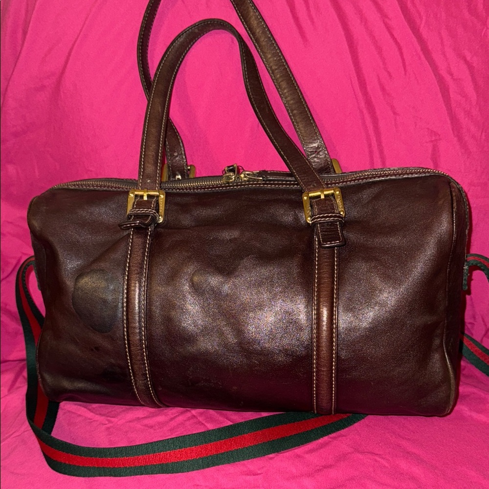 Gucci Brown Leather Duffel Bag with Green and Red Accents - Picture 5 of 16